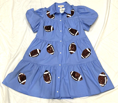 NEW WITH TAGS PEACH LOVE CALIFORNIA SEQUIN FOOTBALL BABYDOLL BLUE DRESS SIZE S