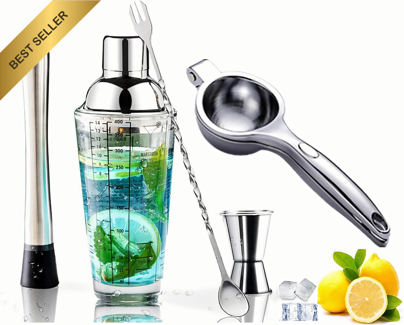 14OZ Cocktail Shaker Bar Set, Mixed Drink Recipe Measurements on Glass Shaker Bo