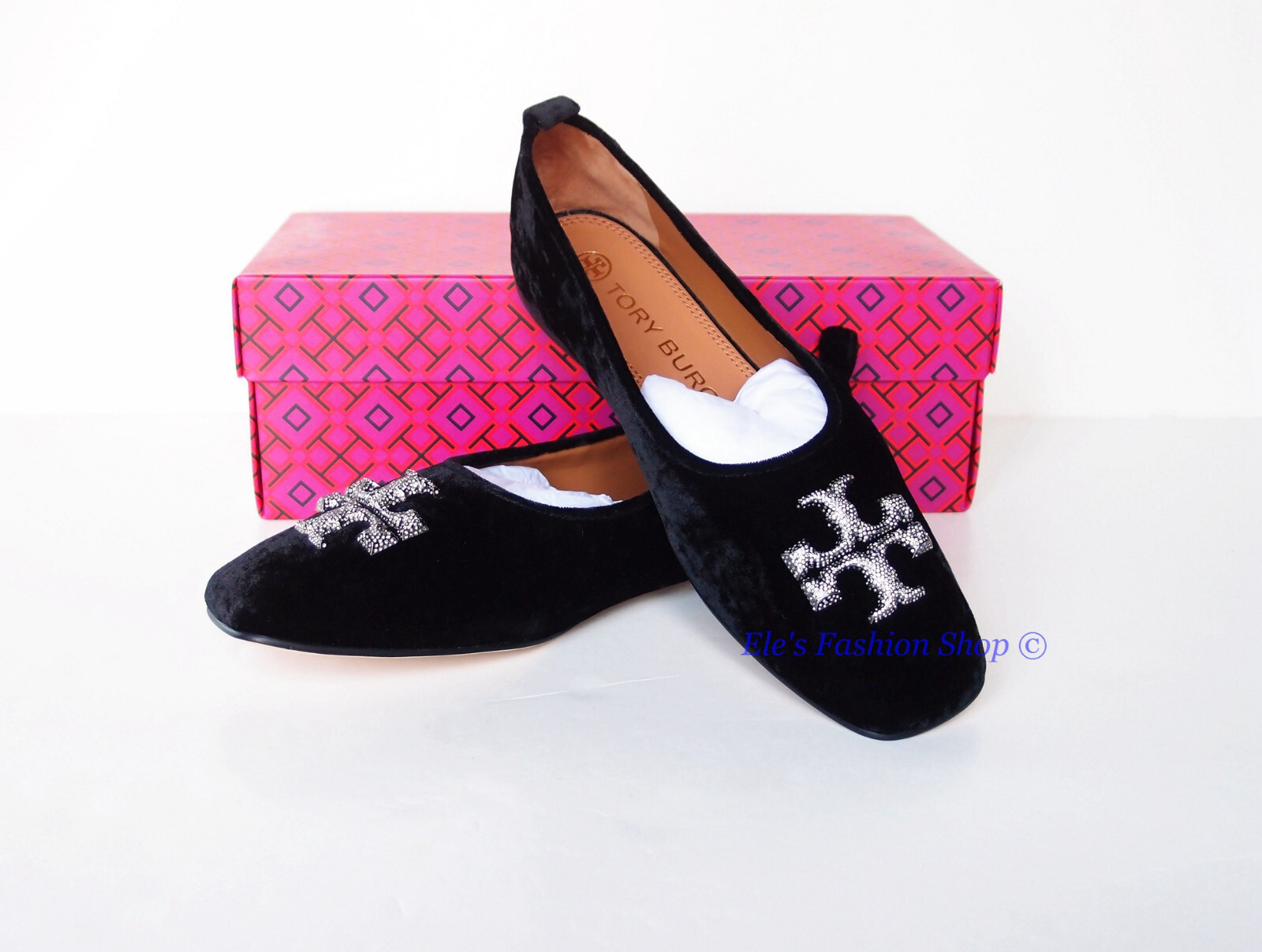 Pre-owned Tory Burch Eleanor Pave Crystal Logo Velvet Ballet Flat Black 7 7.5 8 8.5 9