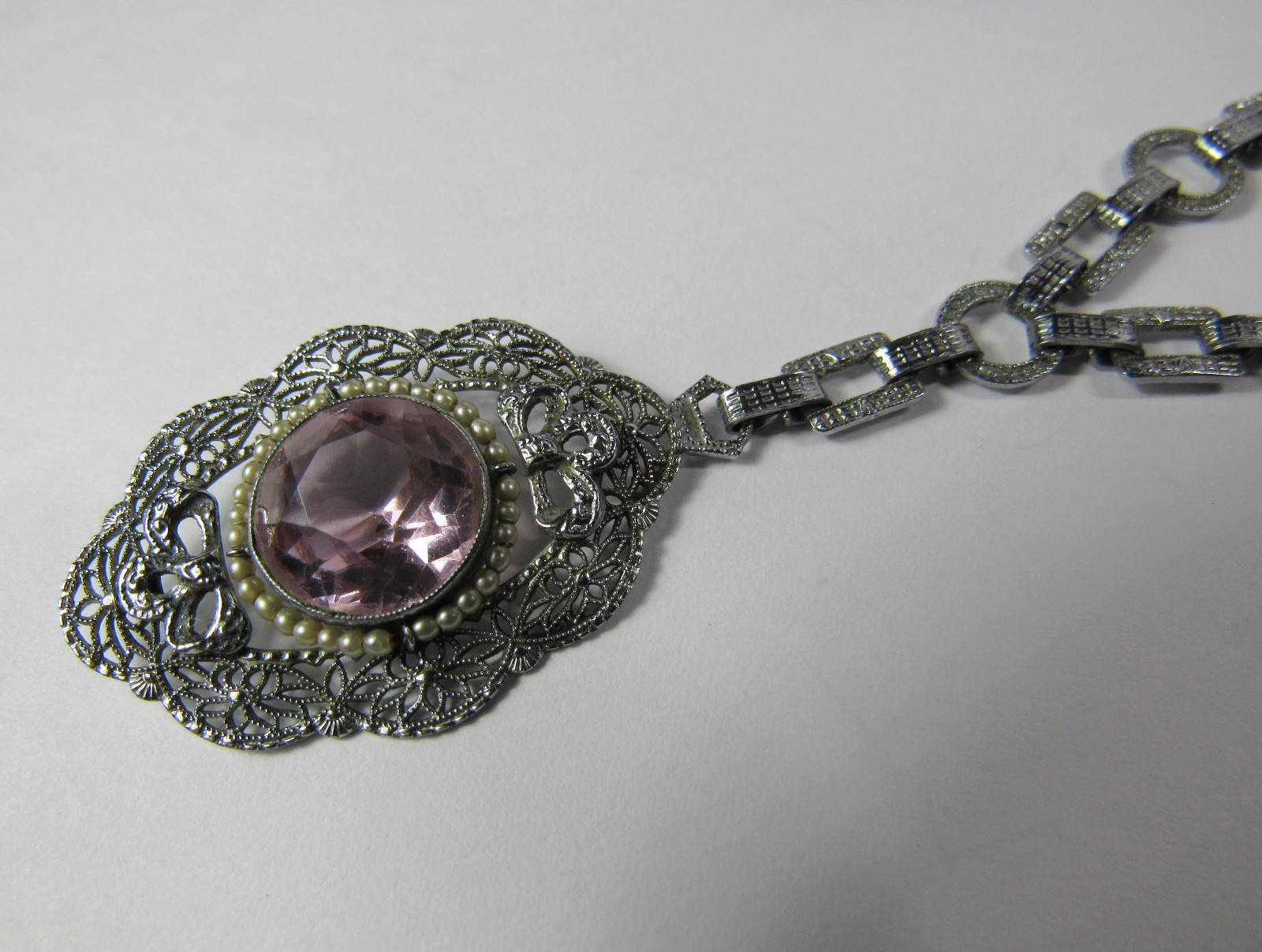 Vintage Art Deco Filigree PINK Glass Pearl Lavalier Pendant Bookchain Necklace