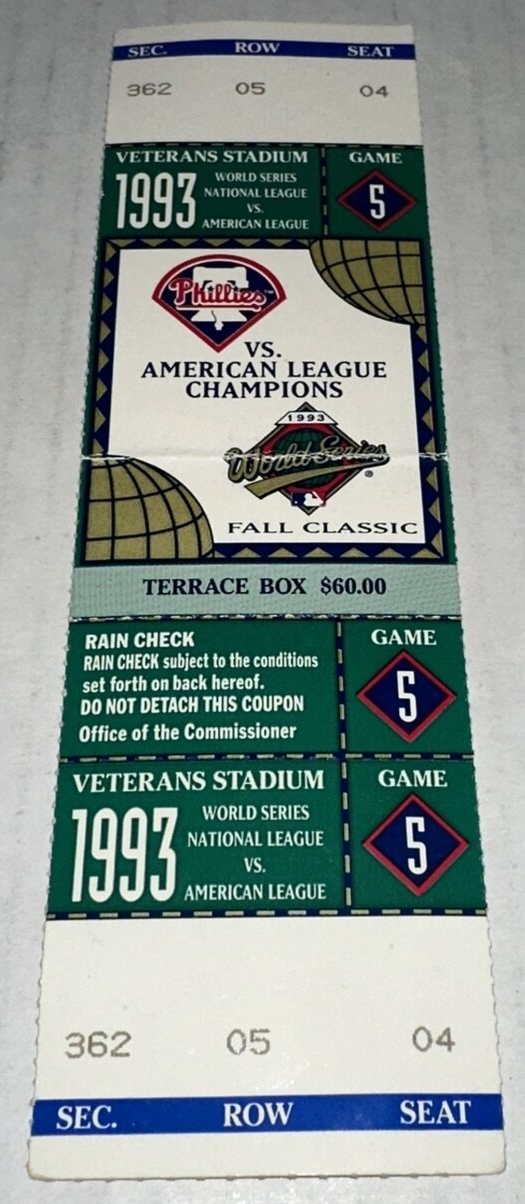 1993 World Series Game 5 Toronto Blue Jays Phillies Full Ticket