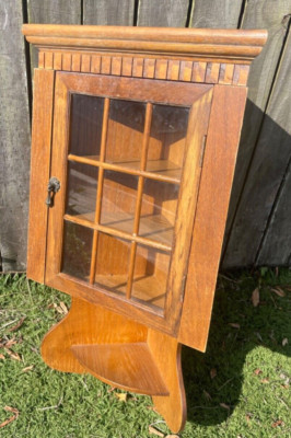 Vintage Wall Hanging Corner Cabinet Wood Oak Apothecary Curio Shelf Spice Rack