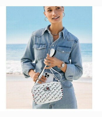 Brighton LOVE SCROLL Canvas Love White/Black/Red Heart Dbl Zip Crossbody Bag NWT