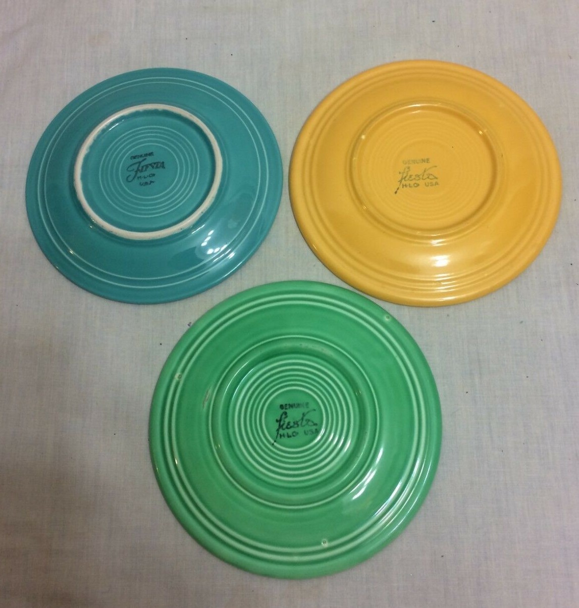 VTG~FIESTA HLC SET 3 SALAD PLATE 7.25 ORIGINAL COLOR GREEN YELLOW TURQUOISE~1936