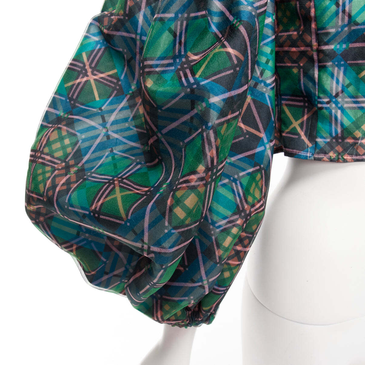 CHOPOVA LOWENA green plaid tartan gold textured button puff CHOPOVA LOWENA green plaid tartan gold textured button puff