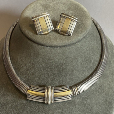 MICHAEL BONDANZA STERLING & 18K GOLD FLEXIBLE OMEGA CHOCKER NECKLACE EARINGS SET
