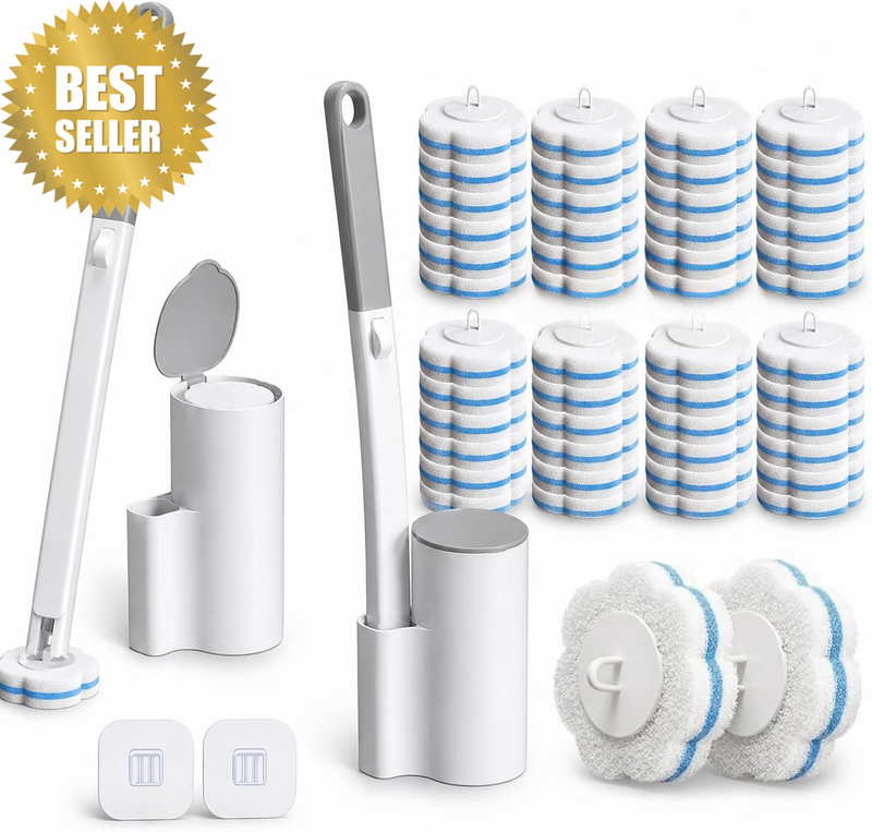 2 Pack Disposable Toilet Brush Set with 48 Refills, 15.7In Extended Handle Wand