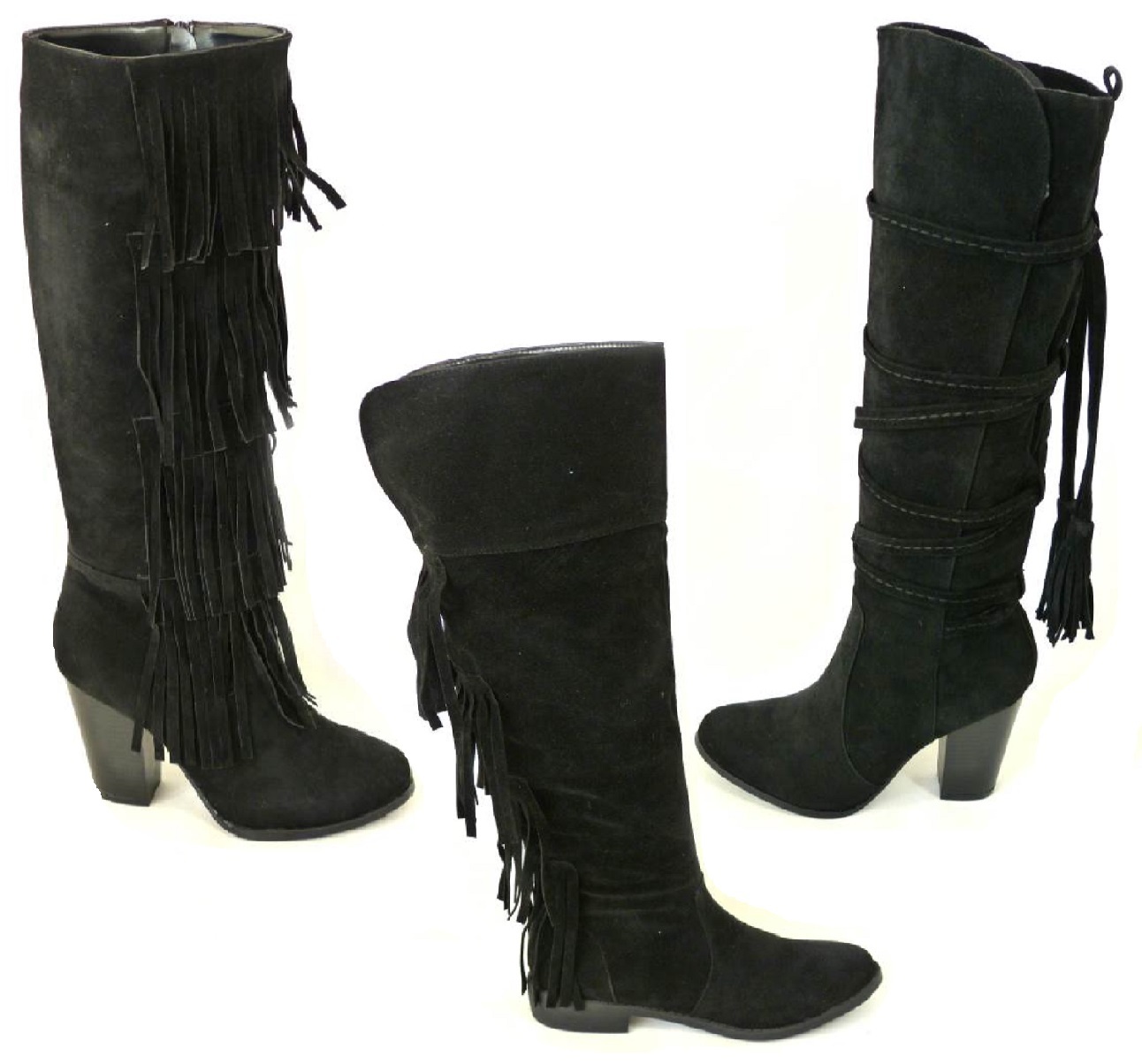 WOMENS LADIES FRINGE TASSEL BLACK KNEE HIGH BOOTS BLOCK HEEL ZIP SIZE 3