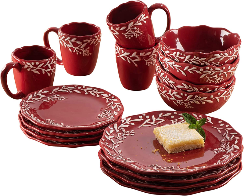 Bianca Mistletoe Holiday round Dinnerware Set – 16-Piece Ceramic Dinner Party Co