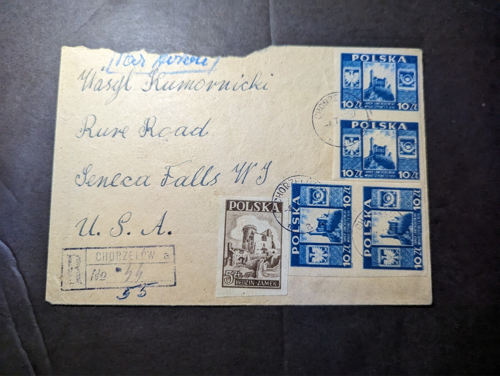 1947 Registered Poland Airmail Cover Chorzelow to Seneca
