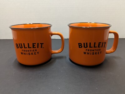 2 Bulleit Bourbon Frontier Whiskey Ceramic Coffee Tea Mug Cup Orange Camping HOT