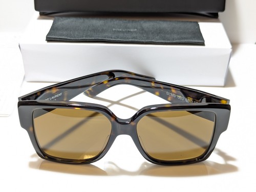 Pre-owned Saint Laurent Unisex Shiny Havana Ysl Logo Gold/brown Lens Sunglass Slm9 003