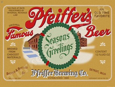 Pfeiffer's Original Famous Season's Greetings Beer Label 18'' x 24'' Metal Sign