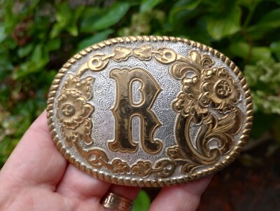 Custom Letter R On Ornate Two-Tone Crumrine Western Buckle Male Female Rodeo 