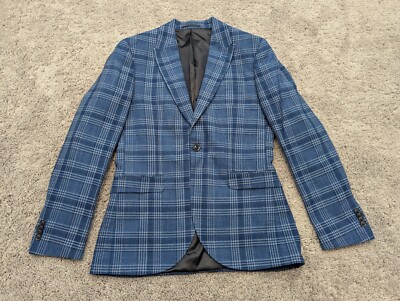 Topman Blazer Jacket Men's 38R Sport Coat One Button Blue Plaid Skinny Office