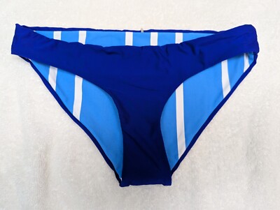 Maaji sz M Bikini Bottom Reversible Solid Stripes Blue White 3052