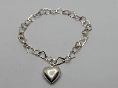 ^ Sterling Silver 925 Open Heart Links w/ Heart Charm Bracelet