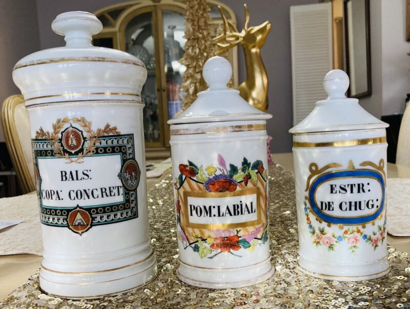 ANTIQUE FRENCH APOTHECARY JARS: 3 Hand Painted Jars 9.75” 8” 7.25” GORGEOUS!