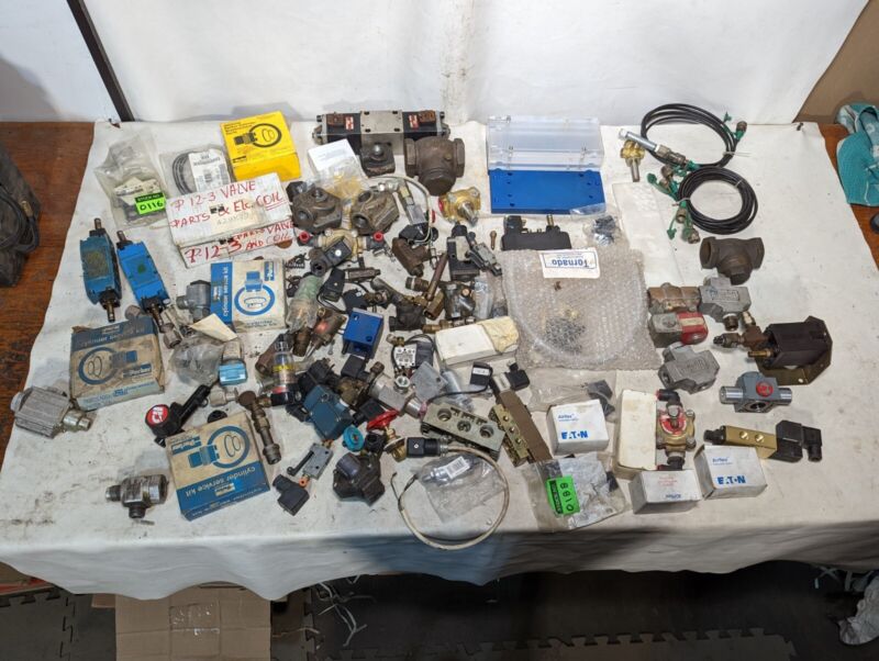 Large lot of solenoid valves, fittings, seal kits, muffler kits, manifolds