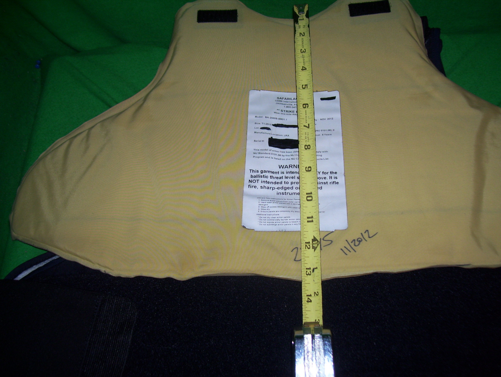 Safriland Body Armor Level II Bullet Proof Vest 3XL-Short VG 2012 #H11+5X8 Plate