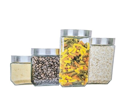 Home Basics Glass Canister Set with Stainless Steel Lids 4 Piece New In Box