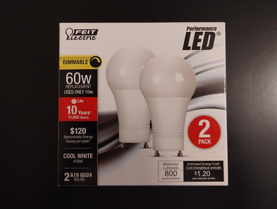 2 Pack - Feit Electric A19 GU24 2 PIN LED Dimmable 800 Lumens 10W/60W Equivalent