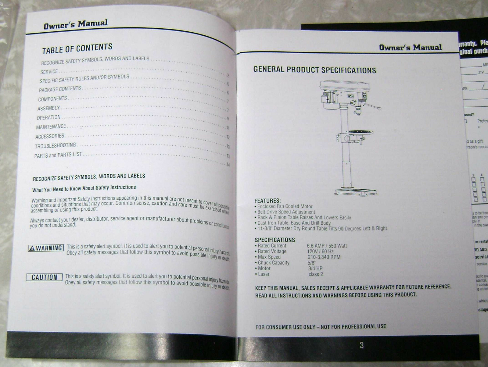 STEELE 14 INCH FLOOR MOUNT DRILL PRESS OWNERS / OPERATORS MANUAL IN ORIGINAL BAG