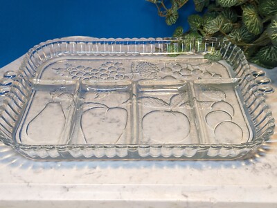 Mid Century Modern Retro Glass Embossed Fruit Divided Relish  Serving Dish 12x9