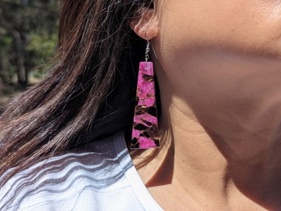 Santo Domingo Earrings Compressed Slab Obsidian, Pink Calcite & Copper Jewelry