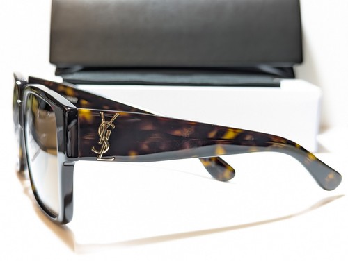 Pre-owned Saint Laurent Unisex Shiny Havana Ysl Logo Gold/brown Lens Sunglass Slm9 003