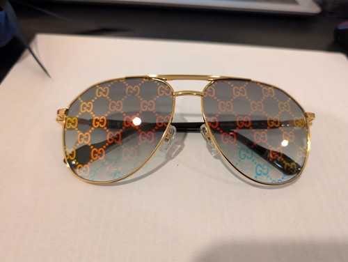 Pre-owned Gucci Sunglasses  Gg1220s 004 Xl Gold & Black/green W/ Gold Pattern Logo Lens