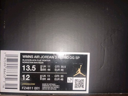 Pre-owned Jordan Wmns Air  3 Retro Og Sp 'a Ma Maniere' Fz4811-001 Size 13.5 In Black/black-flat Pewter