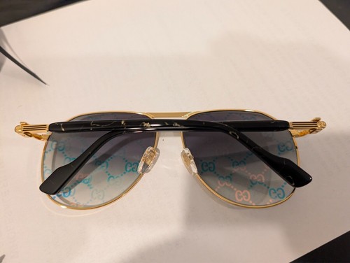 Pre-owned Gucci Sunglasses  Gg1220s 004 Xl Gold & Black/green W/ Gold Pattern Logo Lens