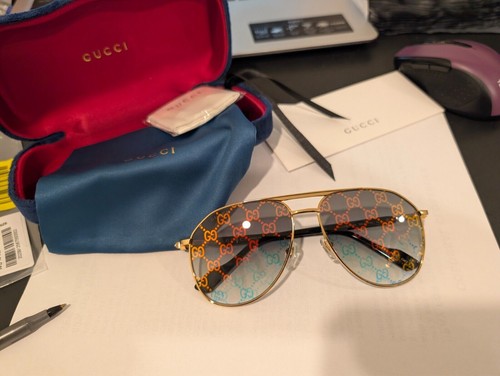 Pre-owned Gucci Sunglasses  Gg1220s 004 Xl Gold & Black/green W/ Gold Pattern Logo Lens