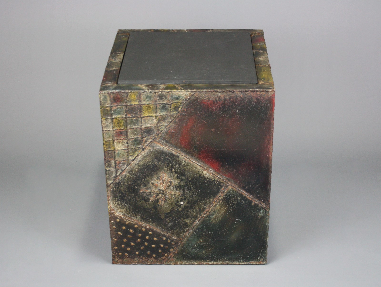 Original Paul Evans Sculpted Steel Brutalist Cube Table w/ Slate, Signed, 1967