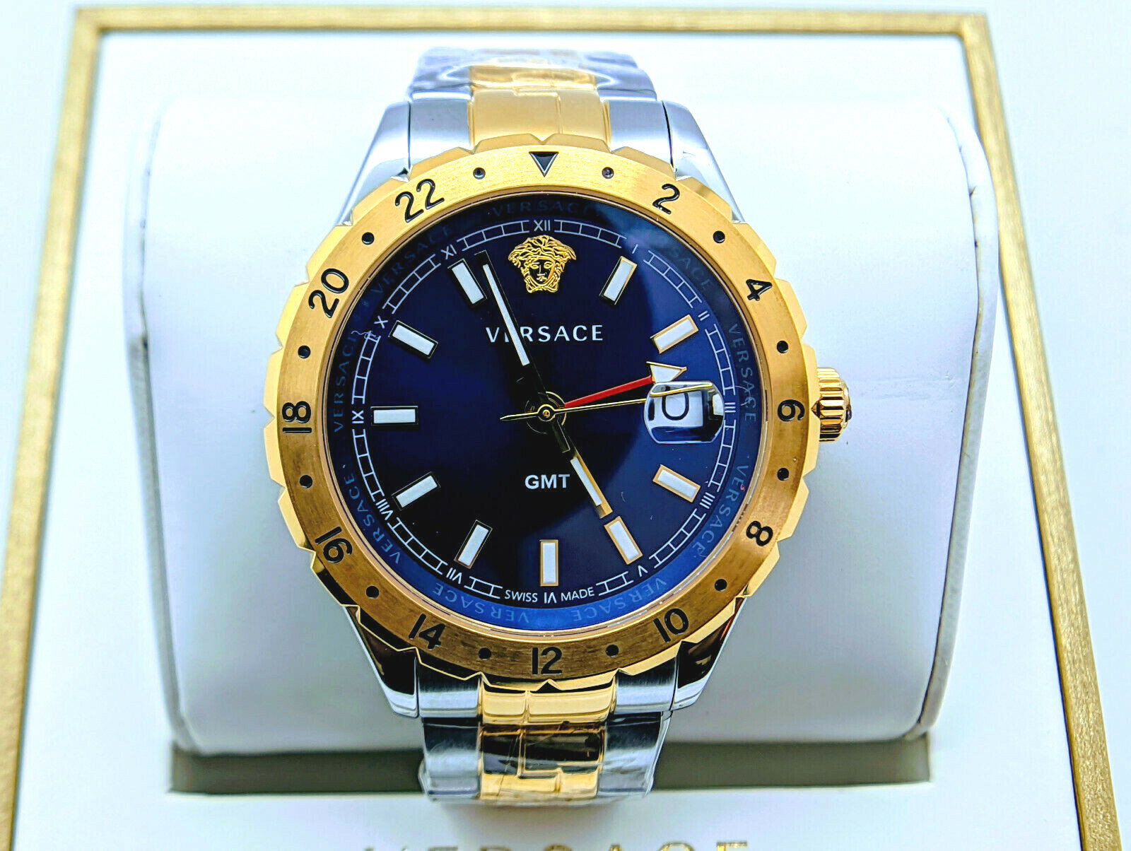 Versace Hellenyium V11060017 GMT Blue Dial Dual Tone Rose Gold Men's Watch  | eBay