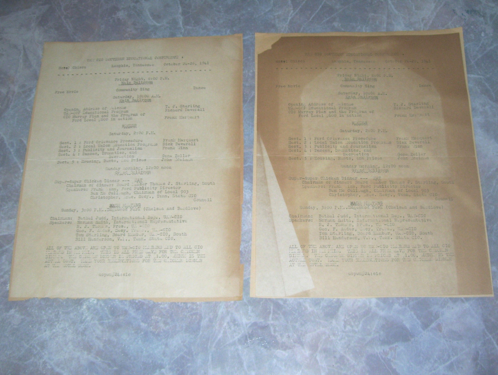 Vintage Labor Union Ephemera UAW CIO 1941 Conference Hotel Chisca Memphis TN