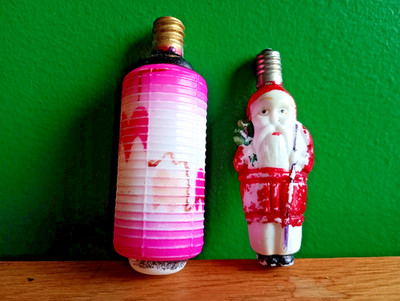 2 x Vintage 1950s Japanese Glass Christmas Tree Bulbs - Santa & Chinese Lantern