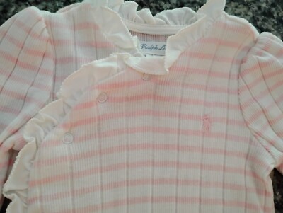 Ralph Lauren Baby Girl Knit Pink and White Stripe Ruffle Coverall 6 Months
