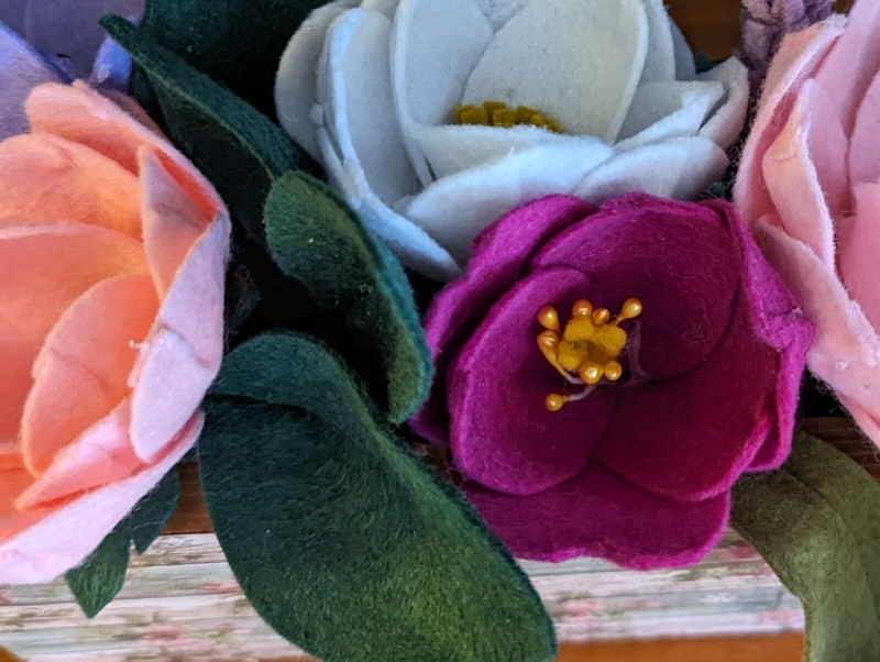 Felt Flower Arrangement in Decoupage Wooden Planter, Handmade, Great Gift