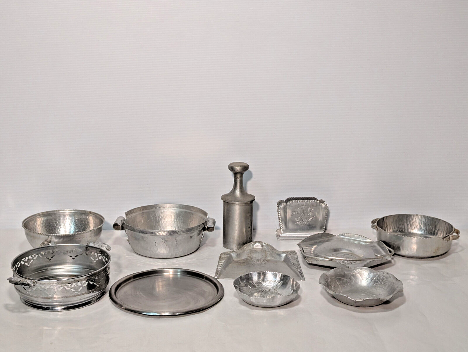 Lot of 11 Antique Assorted Silverplate Serving Dishes with Pyrex Cover and Napkin Holder