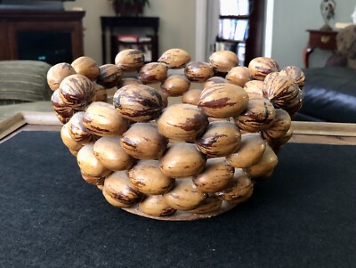 Quirky HAND MADE 7.5  Bowl- Individually Glued Pecans Rustic/ Primitive FOLK ART