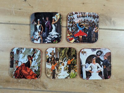 Vintage Set Of 5 Coasters Flamenco Dancers Red Felt Backs Spain Mexico Spanish