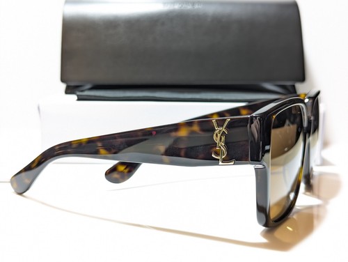Pre-owned Saint Laurent Unisex Shiny Havana Ysl Logo Gold/brown Lens Sunglass Slm9 003