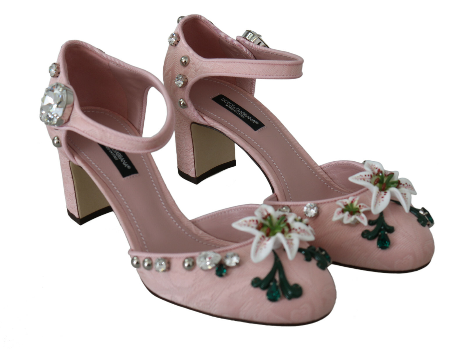DOLCE & GABBANA Shoes Pink Brocade Crystal Lily Ankle Strap