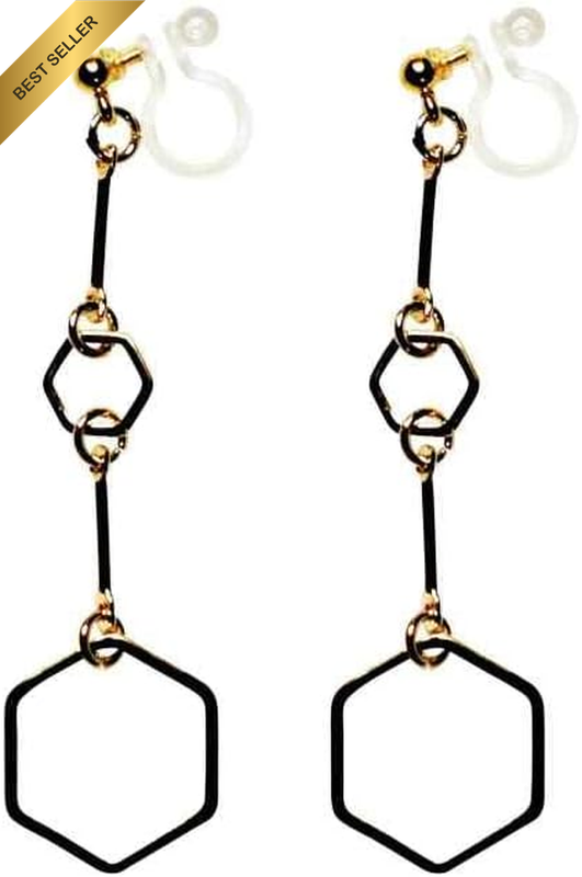 Gold Hexagon Long Chain Dangle Clip On Earrings for Women Invisible Non Pierced