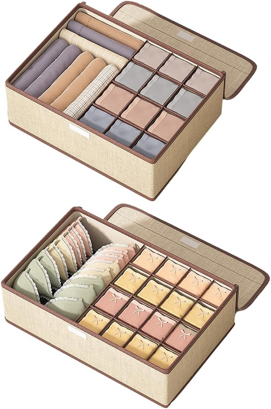 2Pcs Wardrobe Drawer Underwear Organizer with 13 or 17 Grids, Cotton Linen Stora