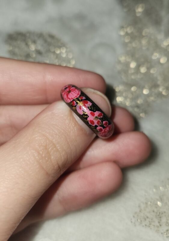 Unique Asian Vintage Hand Painted Floral Black Bangle Ring Size 6-7