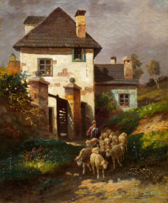 Schafhirte auf dem Weg nach Hause. Sign. L. Schweiger Wien 1909.