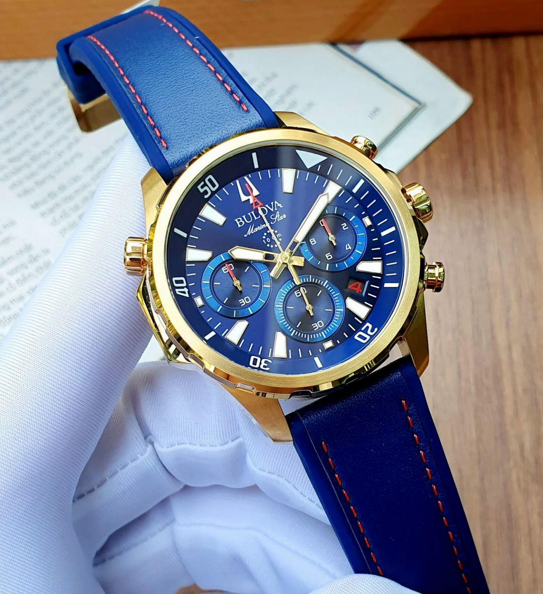 Pre-owned Bulova Marine Star Blue Dial 97b168 Gold Tone Silicone Strap Men's Watch